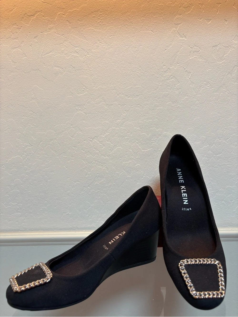 Anne Klein Black Wedge Pumps with Crystal-Trim Buckle